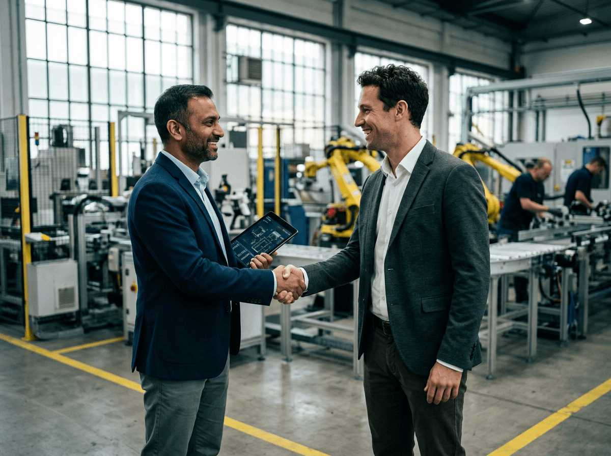 Business partners shaking hands in industrial facility
